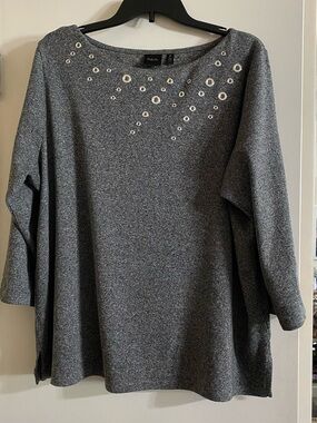 Rafaella Dark Gray Eyelet-Embellished Boatneck Top